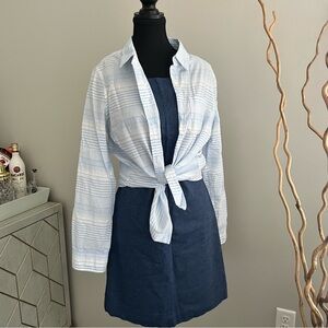 Blue Denim Dress with Striped Shirt Overlay